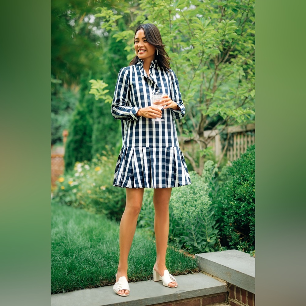 Tuckernuck Navy Gingham Tate Dress sz L Long Sleeve Mini Length Check Print NWT